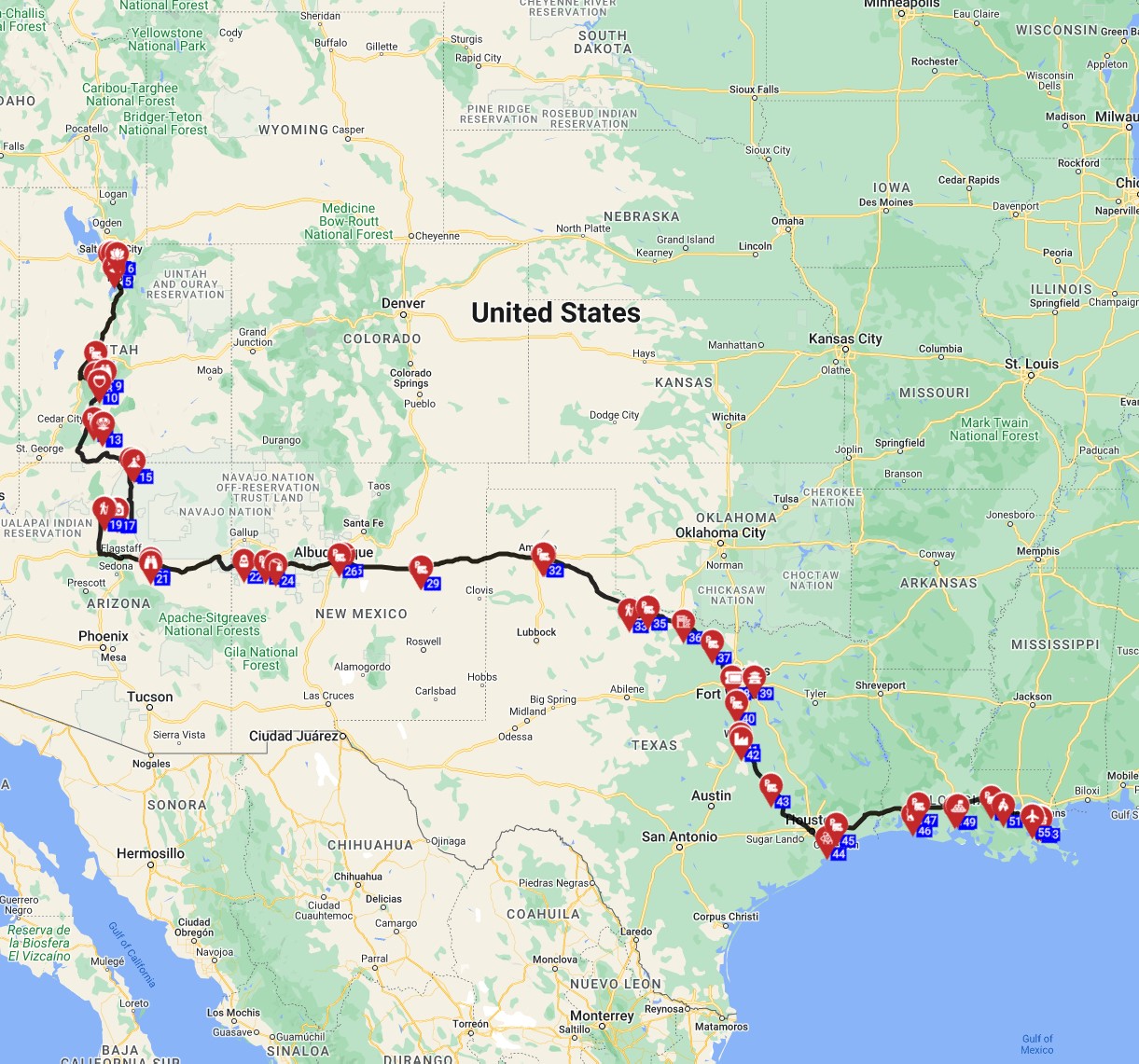 Map for Salt Lake City to New Orleans - Southern Harmony RV Adventure